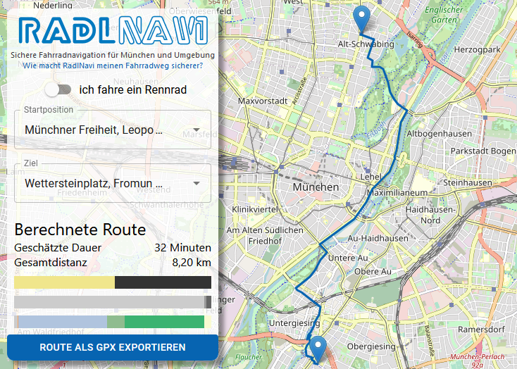 Route berechnet mit RadlNavi